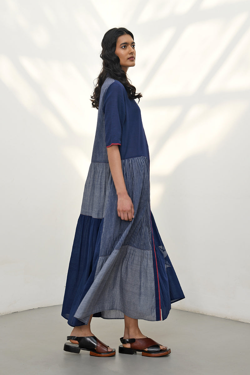 AGLIA FRONT OPEN TIERED PATCHWORK DRESS