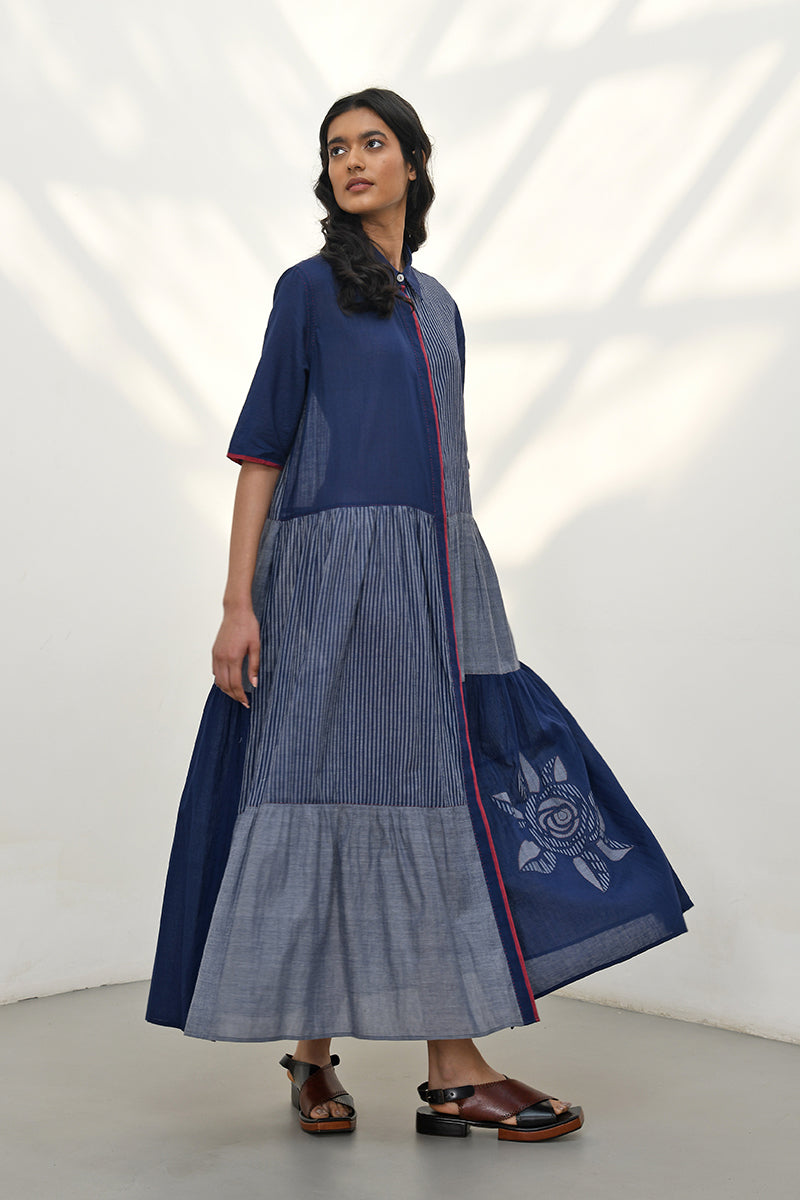 AGLIA FRONT OPEN TIERED PATCHWORK DRESS