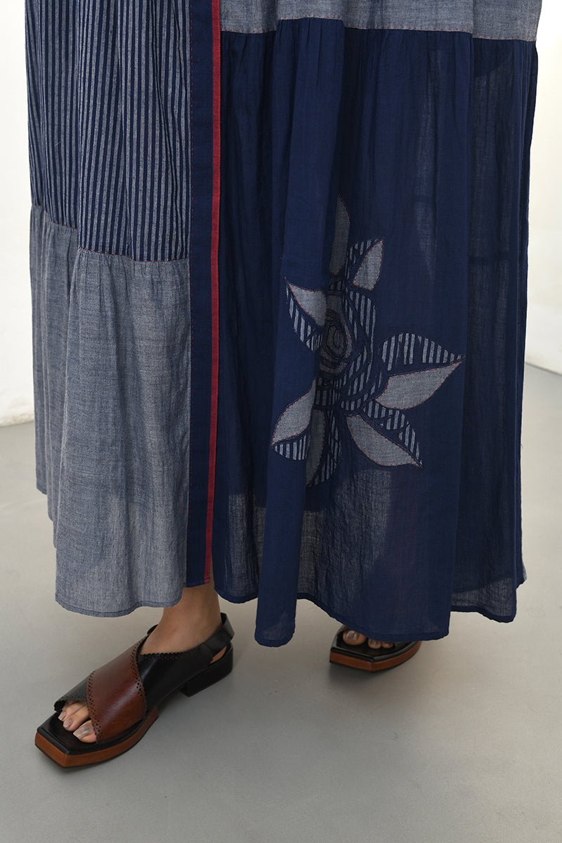 AGLIA FRONT OPEN TIERED PATCHWORK DRESS