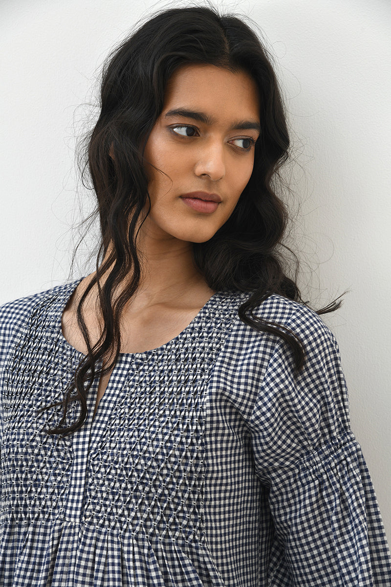 DEMIAN SMOCKED EMBROIDERED DRESS